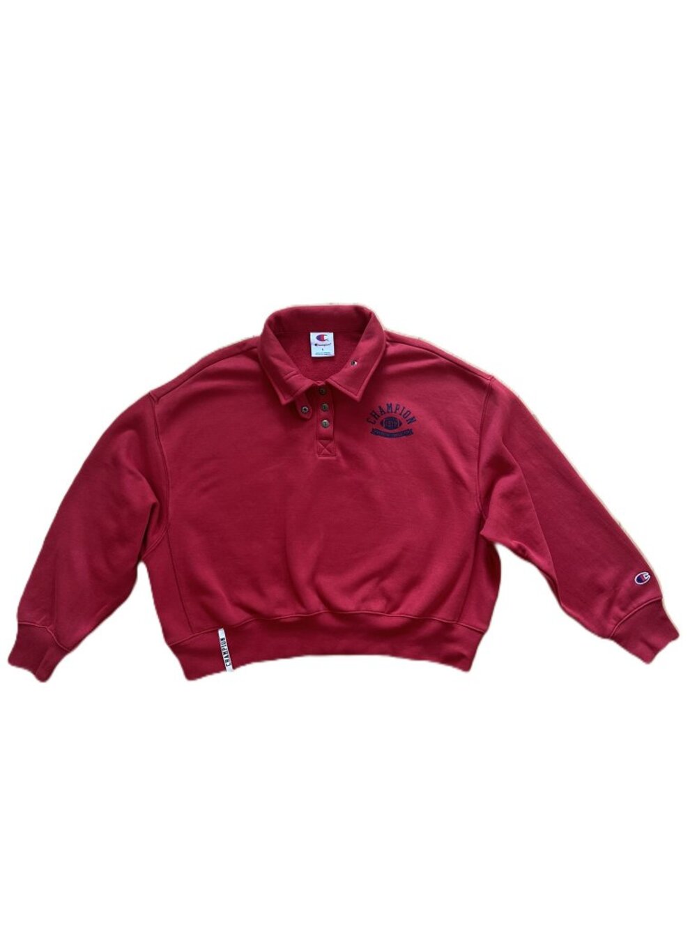 Champion Sweatshirt Women Large Red 1/4 Snap Cropped Pullover Fleece w/ Collar - Picture 4 of 14